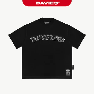 Áo phông rộng nam nữ in chữ DAVIES hoạ tiết gai màu đen phong cách hiphop đường phố tay lỡ Prickly Tee | D-T33