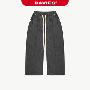 Quần jean ống rộng lưng chun thắt dây DAVIES thiết kế phối viền chỉ đính nút bạc màu đen Denim Piping Pants | D-Q11