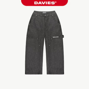 Quần jean Double Knee ống rộng hiphop đính nút kim loại DAVIES hai mặt màu đen Rivalry Denim Pants | D-Q9