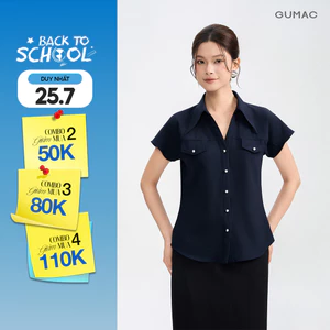 Áo Sơ Mi Nữ Tay Ngắn GUMAC Cổ Xẻ V Túi Nắp Nút Kim Loại Lụa Rũ Cao Cấp AG05013