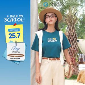 Áo thun nữ GUMAC cổ tròn in art chữ kim tuyến màu cam - xanh thun cotton dày dặn ATF04017