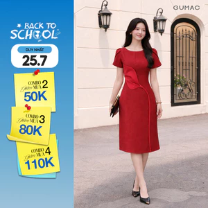Đầm Nữ Form A GUMAC Cổ Thuyền Tay Cánh Hồng Cách Điệu Chất Bố 2 Lớp Thanh Lịch LDF1008
