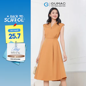 [SALE] Đầm nữ GUMAC form A xòe thiết kế cổ V bẻ đính nút vai eo cao xếp ly trước màu nâu  DF04002