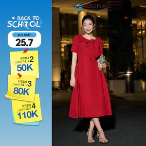 Đầm Nữ GUMAC Form Xòe Cổ Xếp Cánh Nơ Đính Nút Kim Loại Chất Tuyết Mưa Sang Trọng DF12005