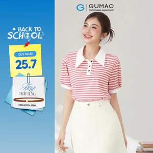 Áo Polo Nữ Dáng Suông GUMAC Cổ Tròn Vải Thun Gân Sọc Phối Cổ Và Nẹp Nút  PLE11036