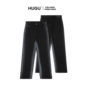 Quần jeans dài unisex màu đen local brand HUGU - SIDE LINE WASH - chất liệu denim, form rộng, tag da, wash nhẹ ở giữa