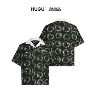 Áo sơ mi unisex local brand HUGU - ON THE WAY - vải lụa, form regular, in chuyển nhiệt, tag in cao thành HUGU phía trước