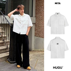 Áo sơ mi boxy local brand HUGU - MITA - sơ mi ngắn tay dáng boxy, đính logo kim loại mặt sau, túi áo bên phải