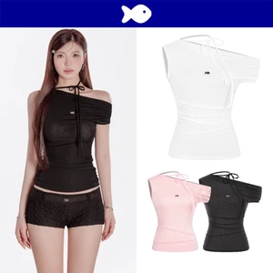 Áo kiểu nữ dáng lệch vai DKMV thun cát xuyên thấu dây cột nơ đáng yêu nhún eo điệu đà Allis Top | K-T48