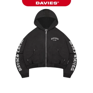 Áo khoác hoodie zip boxy nam nữ DAVIES nón to hình in chữ hiphop sắc nét đính nút bạc màu đen Legacy Hoodie Zip | D-HD8