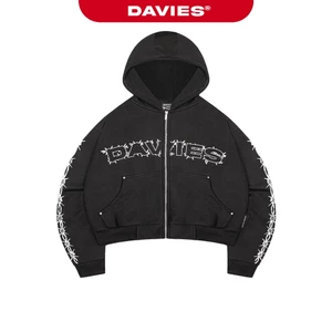 Áo khoác hoodie zip mũ to hiphop DAVIES hoạ tiết hình in gai góc đính nút bạc nỉ ép thun màu đen Barbed Silence | D-HD7