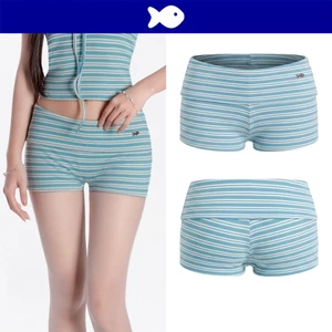 Quần short nữ cạp trễ lưng lật DKMV thiết kế sọc ngang màu xanh trắng đính logo inox thun len ôm | K-SET24-Q