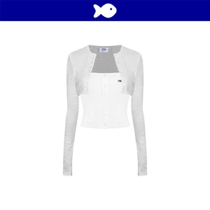 Áo hai dây kèm áo khoác ngoài croptop DKMV hoạ tiết sọc ngang xám trắng đính logo cá ôm dáng Felicite Top | K-T60-SX