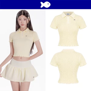 Áo nữ ôm cổ bẻ thân nhún chun co giãn DKMV form tay ngắn croptop đính logo cá inox màu vàng Brit Top | K-T49-V