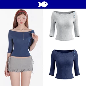 Áo cổ thuyền tay lửng nữ DKMV đính hàng nút hình cá đáng yêu chất thun gân ôm dáng co giãn Adhara Top | K-T71