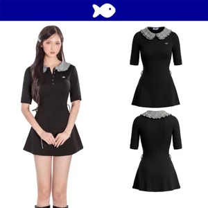 Đầm nữ dáng ngắn cổ bèo nhún caro DKMV phối logo cá inox đáng yêu tay lửng xòe nhẹ màu đen Catalina Dress | K-D70-D