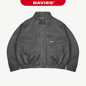 Áo khoác da bomber khóa kéo DAVIES lót dù màu xám logo inox với đường cắt form rộng hiphop Classy Crop Jacket|D-AK19-XC