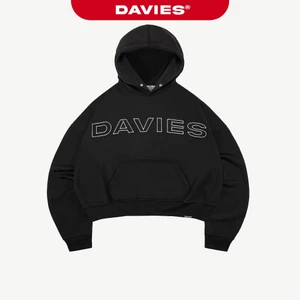 Hoodie mũ to thêu chữ DAVIES nỉ chân cua có túi màu đen form rộng nam nữ Original | D-HD1-D