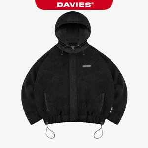 Áo khoác lông cừu nam nữ có mũ DAVIES khóa kéo form rộng có lót dù kèm dây rút màu đen Fleece Hooded Jacket I D35-AK5-D
