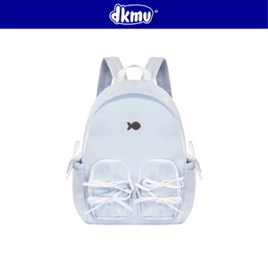 Balo nữ cute túi phối dây rút thắt nơ DKMV nhiều ngăn xanh dương pastel logo cá inox Sweet Bow Backpack| K-P51-XN