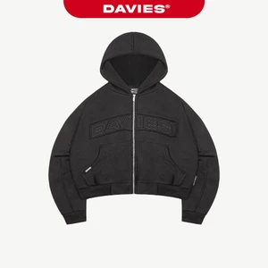 Áo khoác hoodie zip boxy nam nữ DAVIES hoạ tiết chữ thêu viền nổi 3D phối viền tay màu đen Patchwork Hoodie Zip | D-HD4