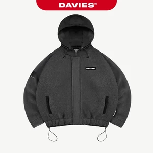 Áo khoác lông cừu có mũ màu xám DAVIES khóa kéo form rộng có lót dù kèm dây rút logo su Fleece Hooded Jacket D35-AK5-X