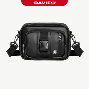 Túi da đeo chéo nam nữ hiphop DAVIES nhiều ngăn kéo tiện dụng phối khoá cài màu đen Signature D-Pocket | D-B71