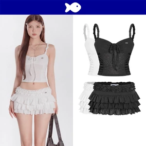 Set đồ nữ áo hai dây và chân váy DKMV thiết kế phối bèo nhún thắt dây nơ thun cát co giãn mềm mại Jisoo Set | K-SET13